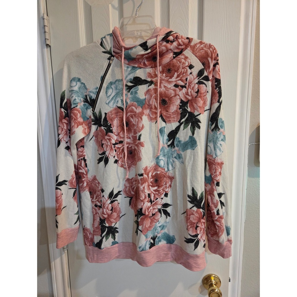 Vanilla Bay Floral Hoodie Pink Rose Shoulder Zipper Pullover Sweatshirt Women
